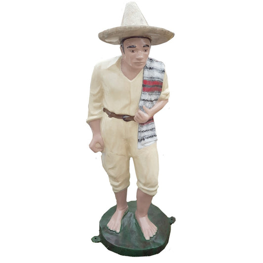 Cast aluminum statue of man in sombrero with striped shawl, ideal for yard or garden decor