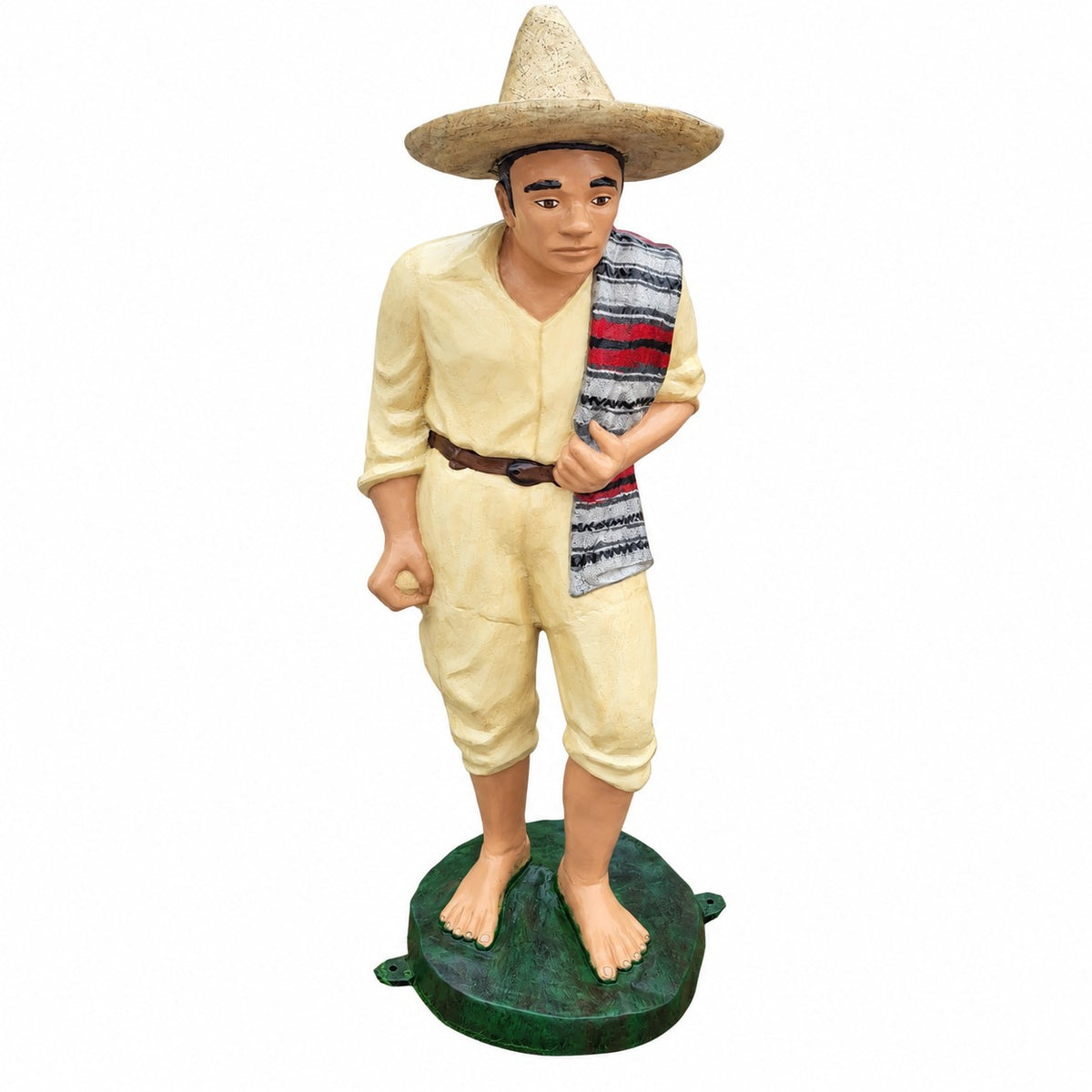 Cast aluminum Pedro wearing hat and holding scarf over his shoulder for residential or commercial design spaces.