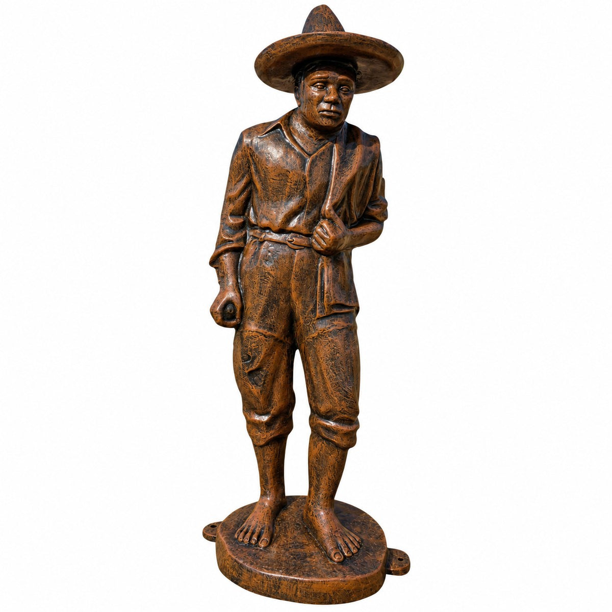 Cast aluminum Pedro in bronze colors wearing hat and holding scarf over his shoulder for residential or commercial design spaces.