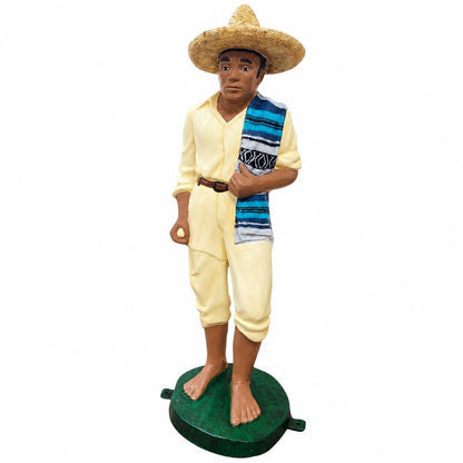 Cast aluminum Pedro wearing hat and holding scarf over his shoulder for residential or commercial design spaces.