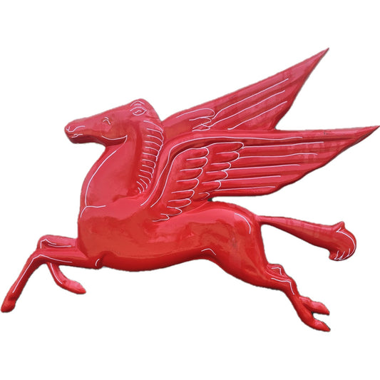 Red cast aluminum Pegasus statue for garden or yard decor, featuring detailed wings and dynamic pose
