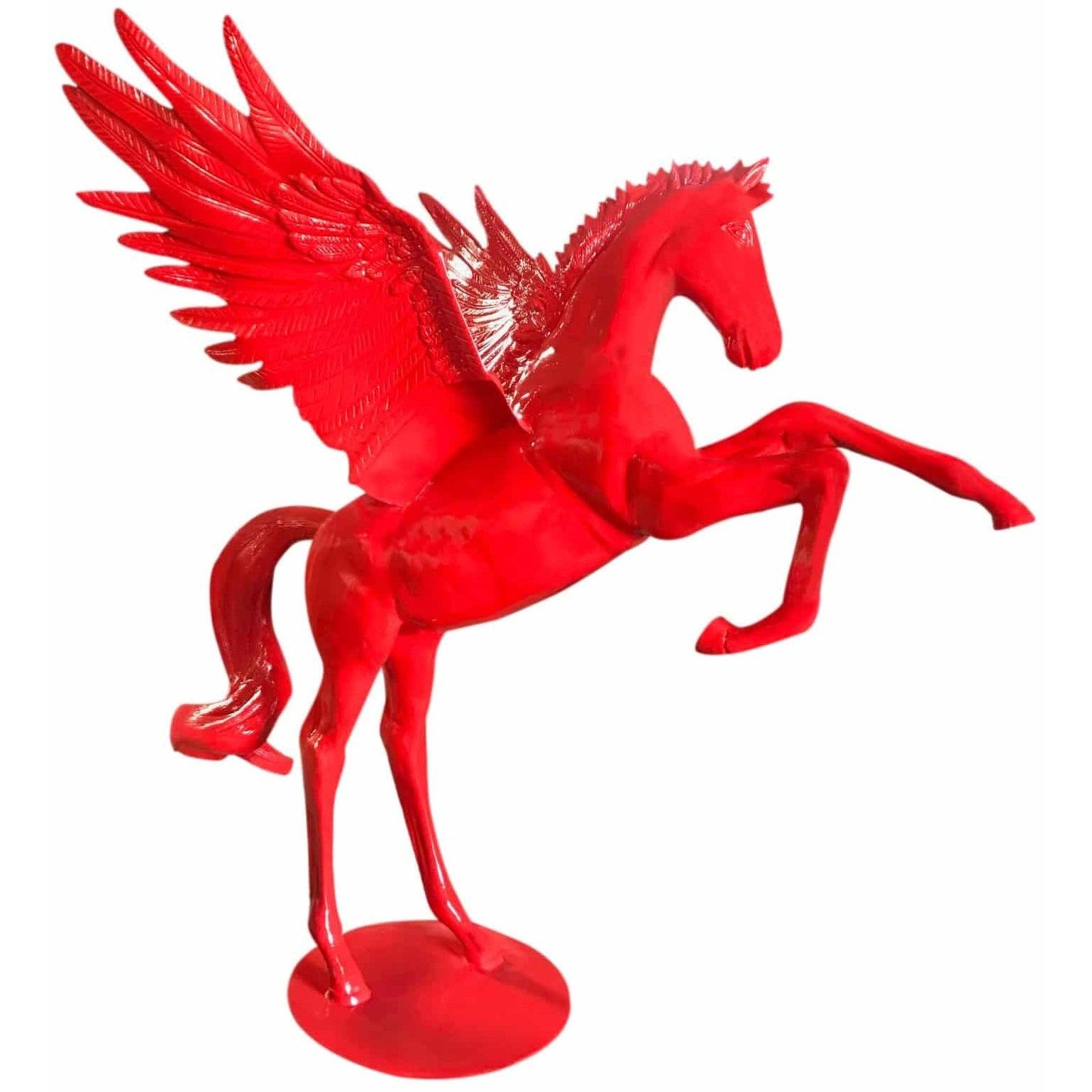 Vibrant red cast aluminum Pegasus statue with spread wings, perfect for garden or home decor