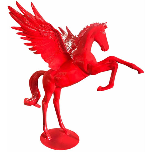 Vibrant red cast aluminum Pegasus statue with spread wings, perfect for garden or home decor