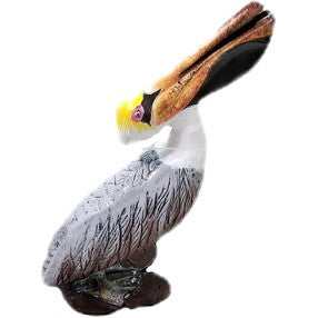 Cast aluminum pelican statue with detailed feathers and beak, perfect for backyard or garden decor