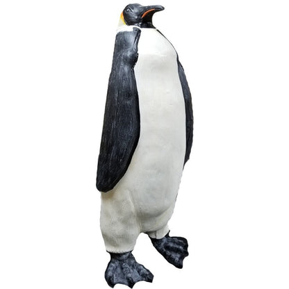Cast aluminum penguin statue for yard or home decor, black and white with orange beak