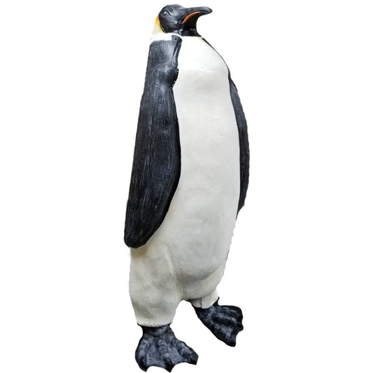 Cast aluminum penguin statue for yard or home decor, black and white with orange beak