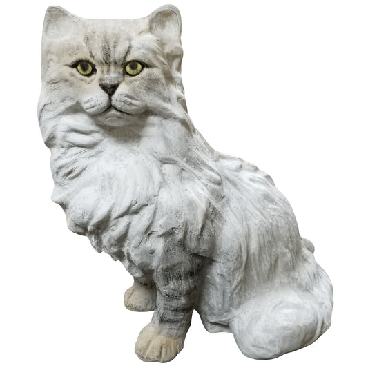 Cast aluminum cat statue with detailed fur and green eyes, perfect for yard or home decor