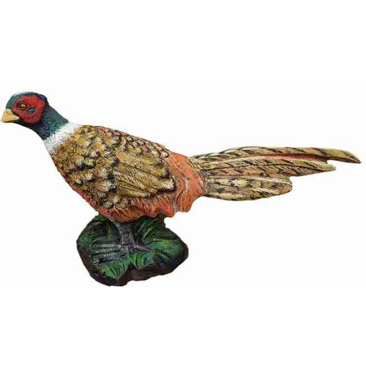 Cast aluminum pheasant statue with detailed feathers, perfect for garden or yard decor