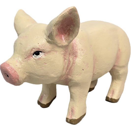 Cast aluminum pig statue with pink accents for garden or home decor