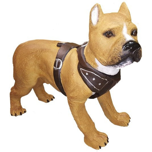 Cast aluminum pit bull statue with harness, perfect for yard or home decor