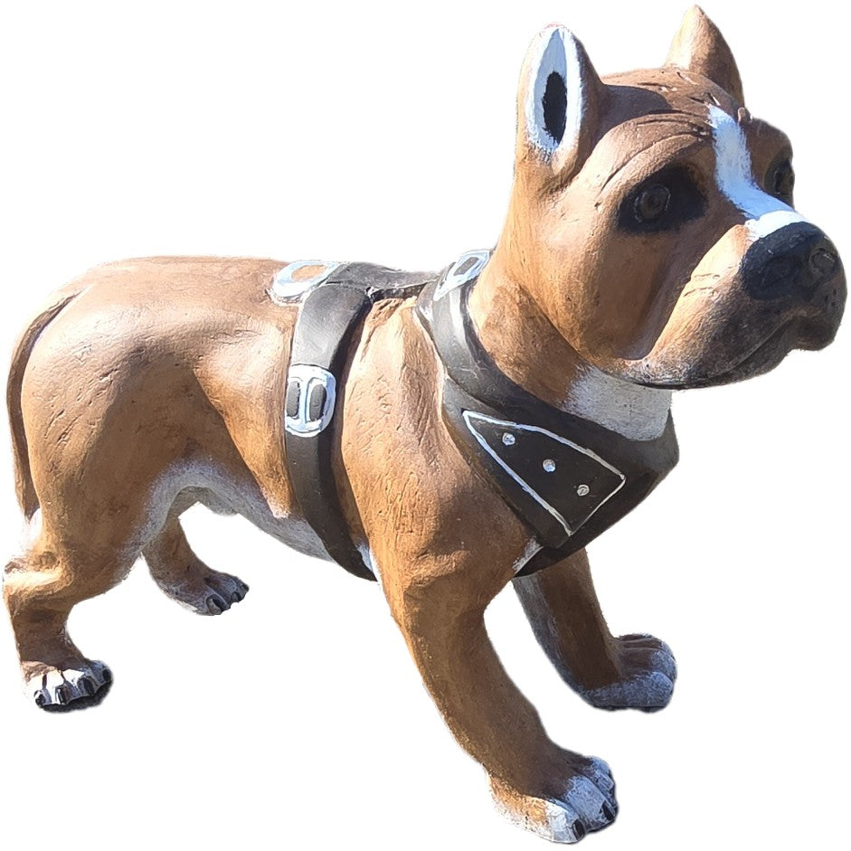 Cast aluminum bulldog statue with harness, perfect for yard or home decor