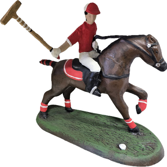 Cast aluminum polo player statue with horse, red uniform, mallet, on green base for yard decor