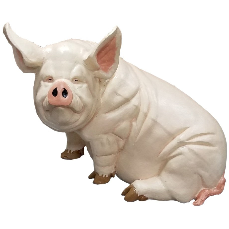 Cast aluminum pig statue for garden or yard decor, white with pink accents