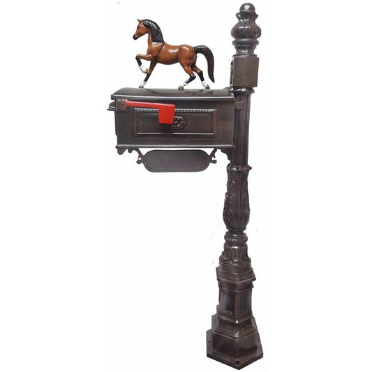 Cast aluminum mailbox with horse statue, ornate post for yard decor
