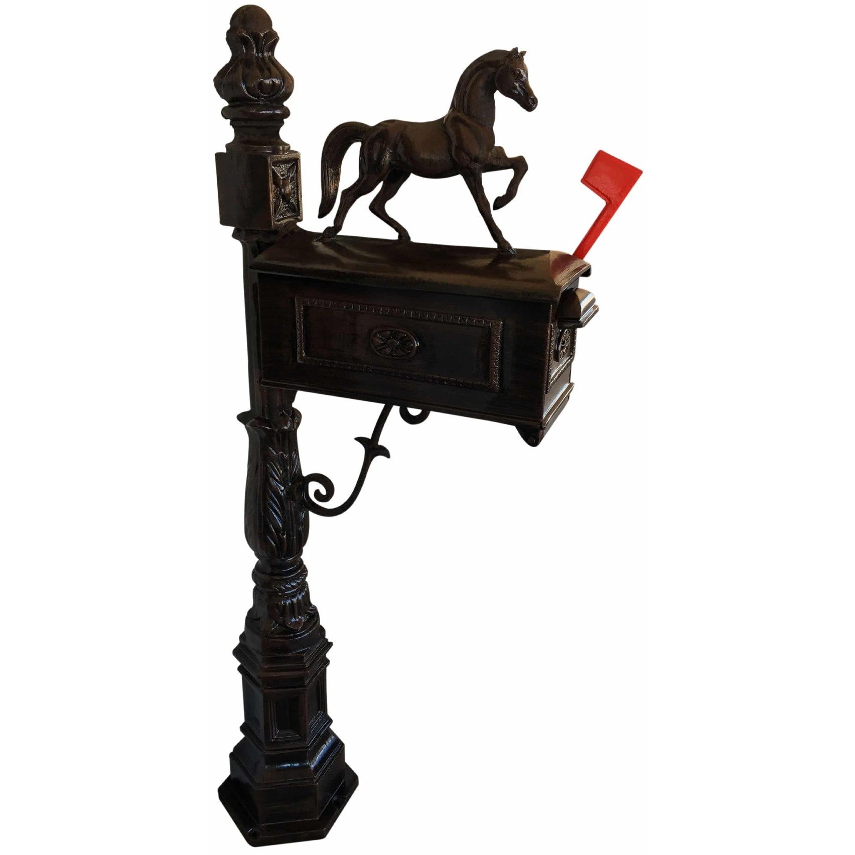 Cast aluminum mailbox with horse statue, ornate post, red flag for yard decor