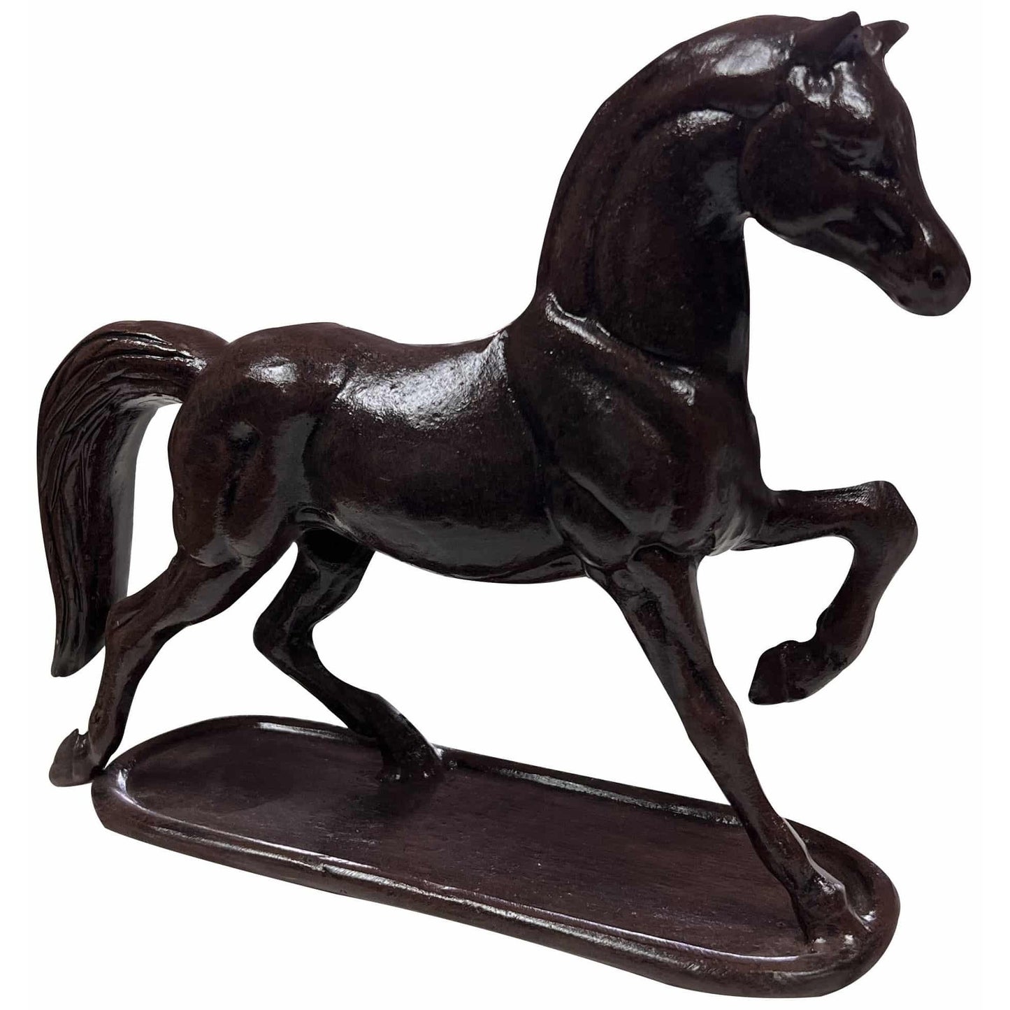 Cast aluminum horse statue for home or yard decor, sleek dark finish, elegant pose on base