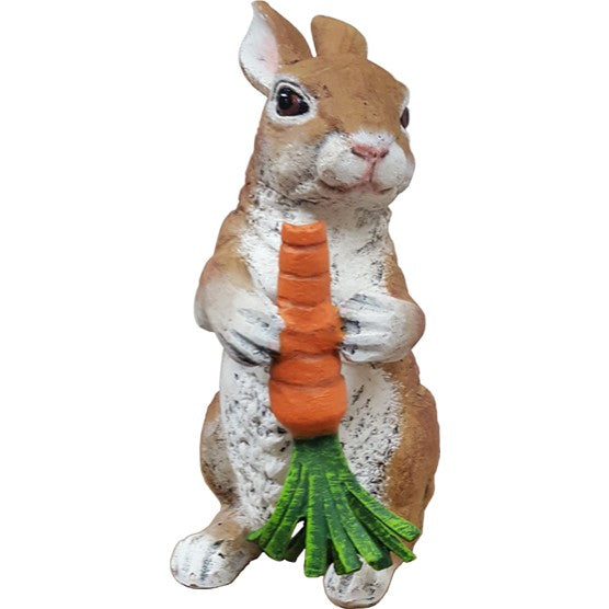 Cast aluminum rabbit statue holding carrot, garden decor for yard or home