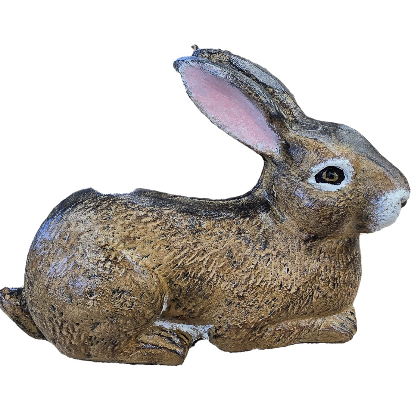 Cast aluminum rabbit statue with textured fur and pink inner ears for garden or home decor