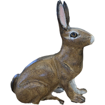 Cast aluminum rabbit statue for garden or yard decor, rustic finish, sitting pose
