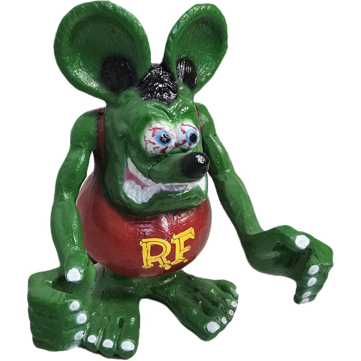 Green Rat Fink statue with red shirt, quirky eyes, and bold RF logo, quirky yard decor