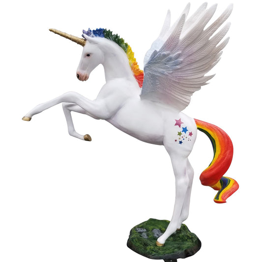 White winged unicorn statue with rainbow mane, tail, and stars, perfect for garden or home decor.