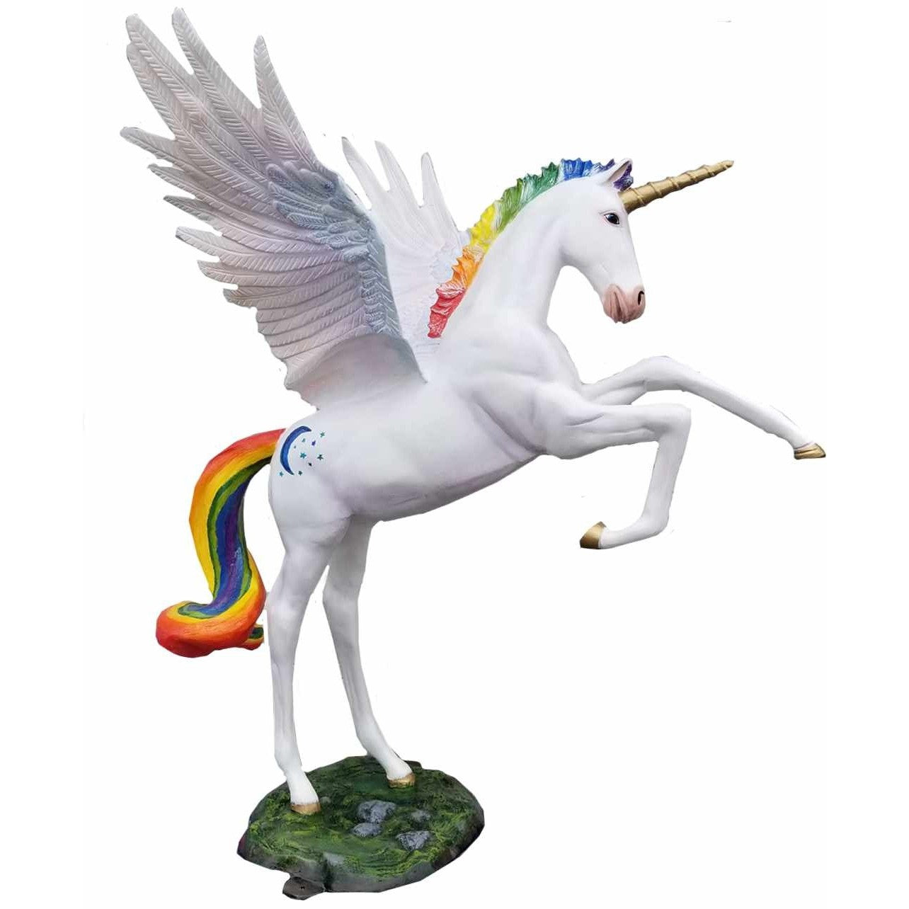 White winged unicorn statue with rainbow mane and tail, gold horn, on grassy base for garden decor