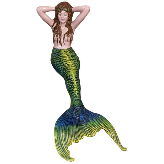 Cast aluminum mermaid statue with green and blue tail, perfect for garden or yard decor