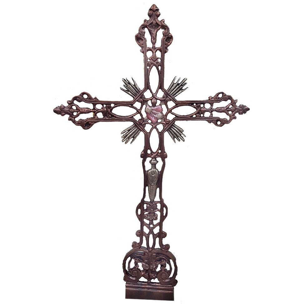 Ornate cast aluminum cross statue with intricate filigree and sacred heart detail for yard or home decor