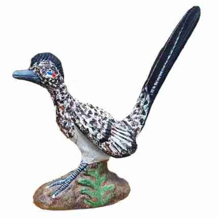 Cast aluminum roadrunner statue with detailed feathers and green base, perfect for yard decor