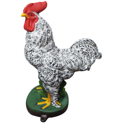 Cast aluminum rooster statue with red comb, speckled white feathers, and green base for yard decor