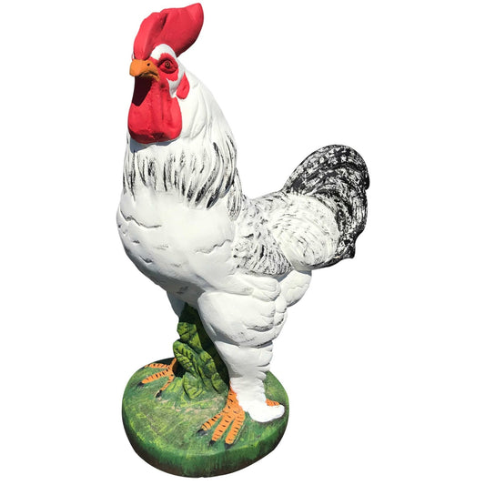 Cast aluminum rooster statue with red comb, white feathers, black tail, standing on green base for yard decor