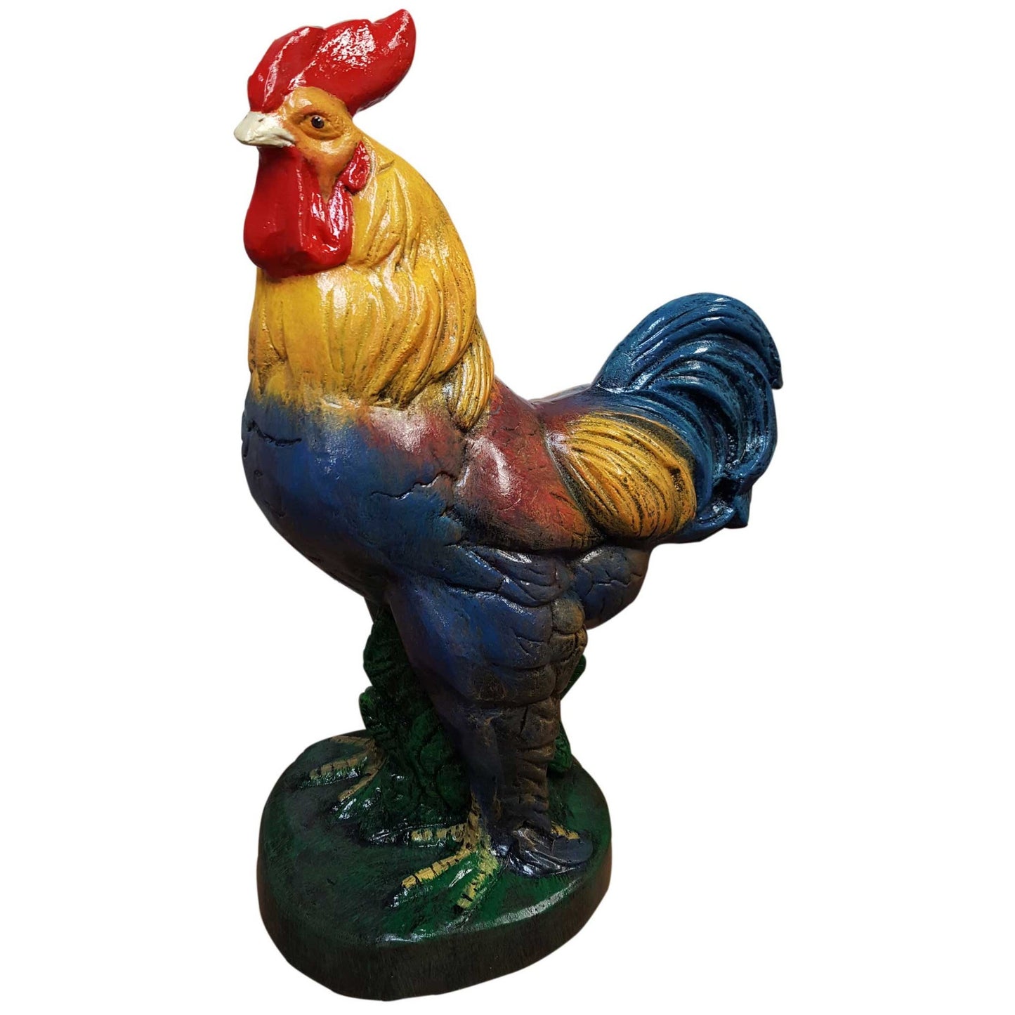 Colorful cast aluminum rooster statue for yard or home decor with red comb and blue tail