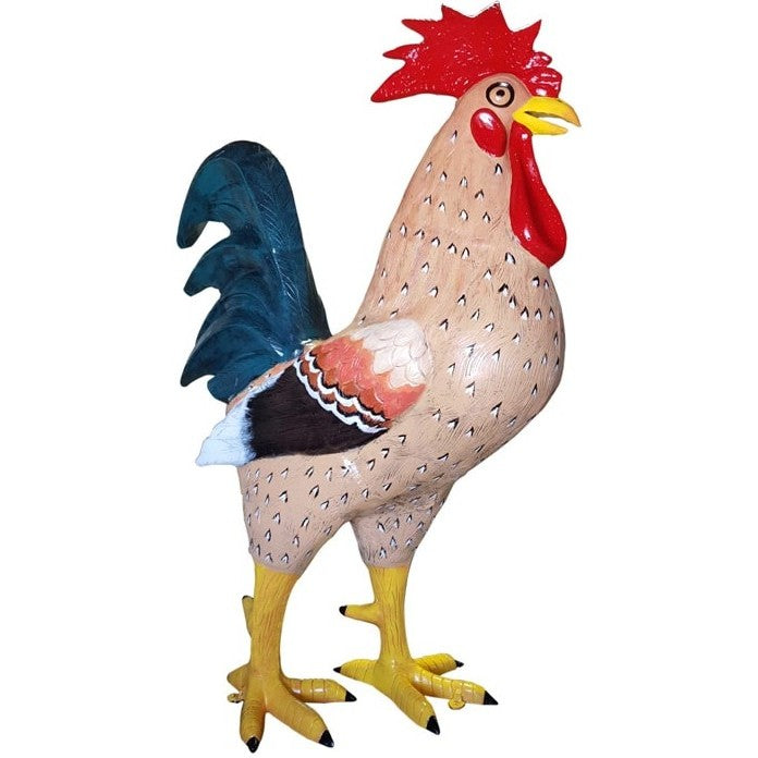 Cast aluminum rooster statue with red comb, blue tail, and detailed feather patterns for yard decor