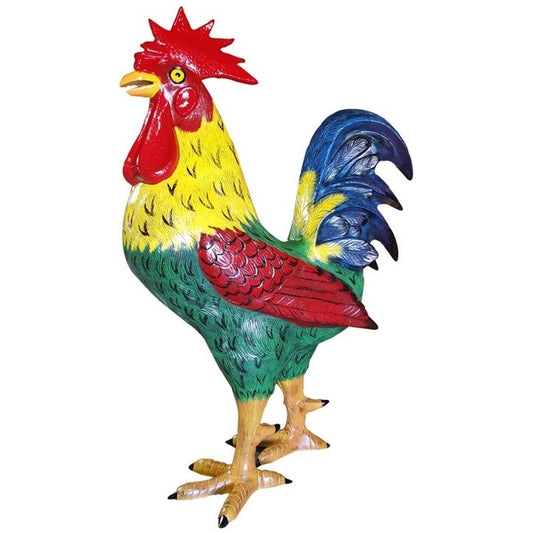 Colorful cast aluminum rooster statue for yard or home decor with vibrant red, yellow, green, and blue feathers