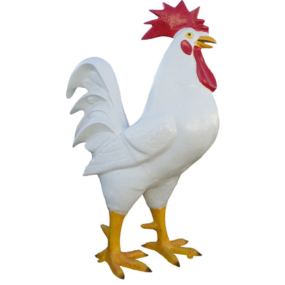 White rooster statue with red comb, cast aluminum garden decor for yard or home