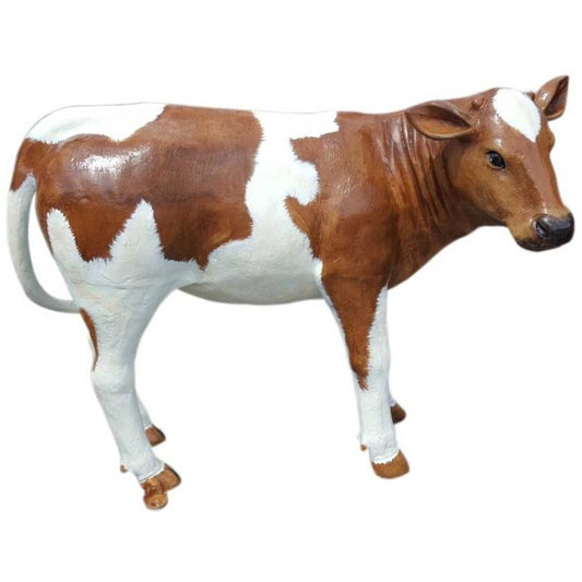 Cast aluminum brown and white cow statue for yard or home decor