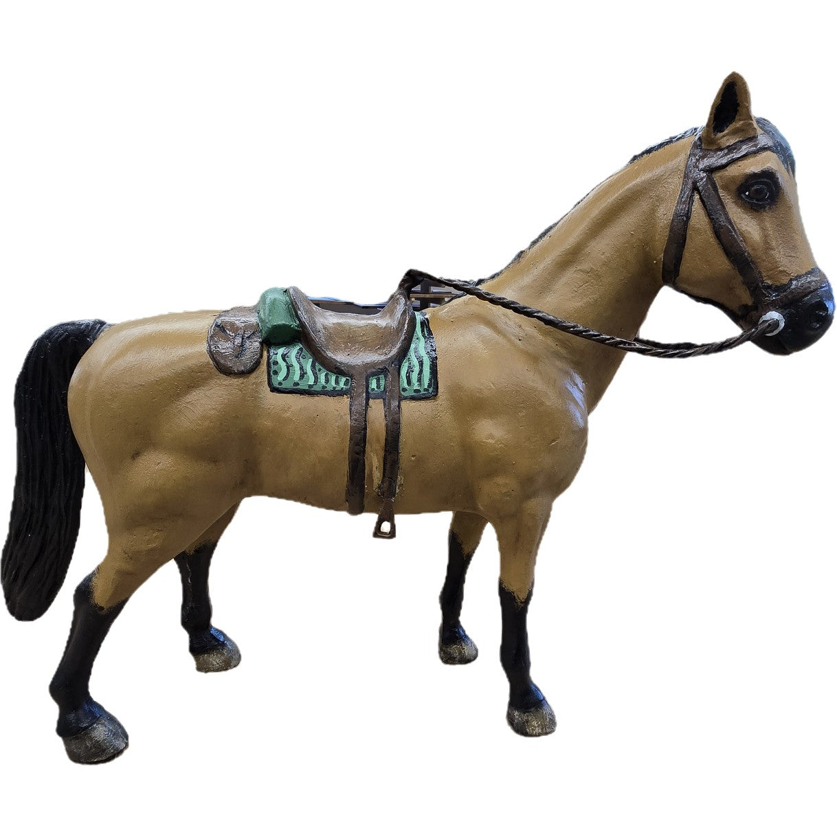 Cast aluminum horse statue with saddle and bridle, perfect for yard or home decor