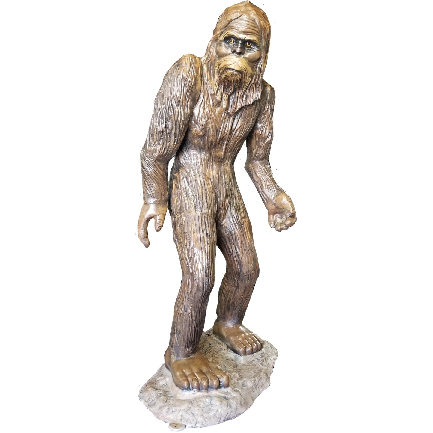 Cast aluminum Sasquatch statue for outdoor decor, detailed hairy figure on rocky base