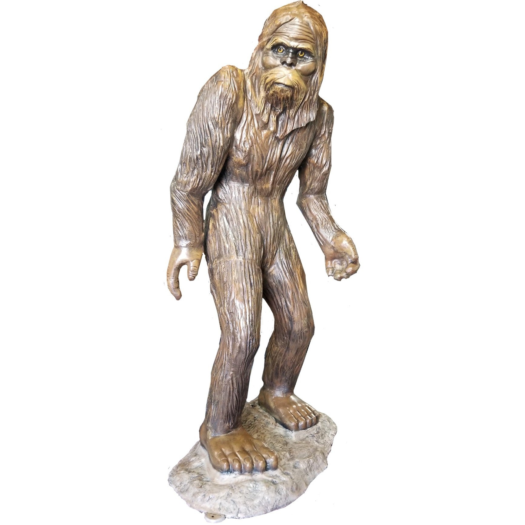 Cast aluminum Sasquatch statue for outdoor decor, detailed hairy figure on rocky base