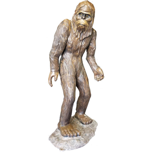 Cast aluminum Bigfoot statue for yard or home decor, detailed hairy figure on rocky base
