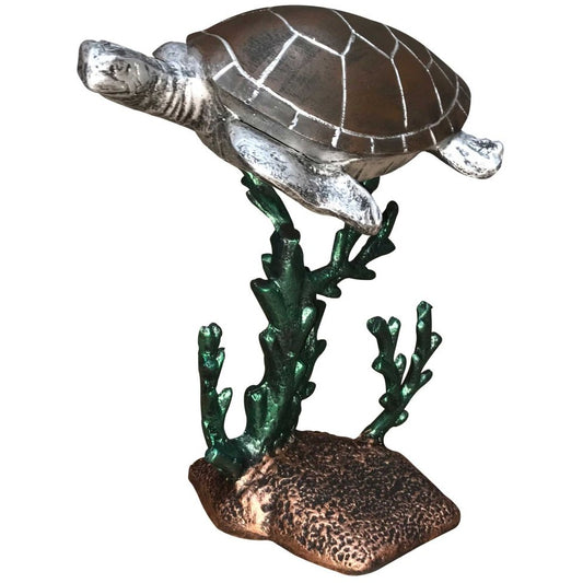 Cast aluminum sea turtle statue with green coral base, perfect for garden or patio decor