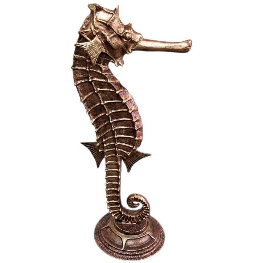 Cast aluminum seahorse statue for garden or home decor, detailed bronze finish with curled tail base
