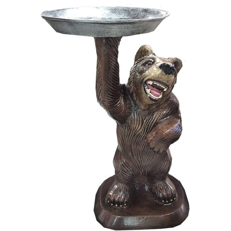 Cast aluminum bear statue holding bird bath bowl for yard decor