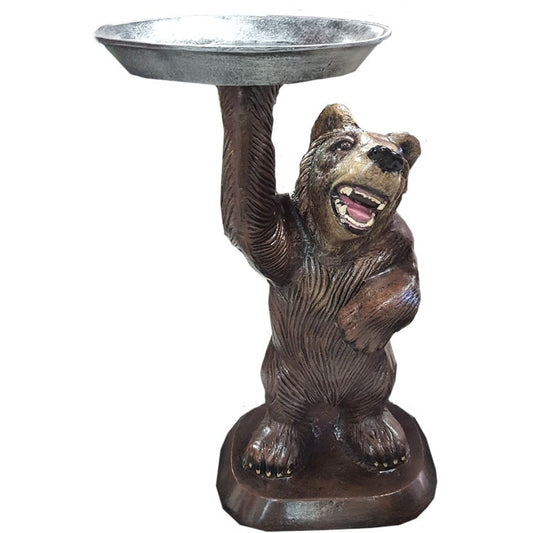 Cast aluminum bear statue holding bird bath bowl for yard decor