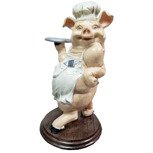 Cast aluminum chef pig statue holding tray, perfect for backyard or home decor
