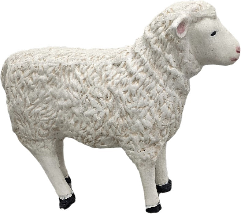 White cast aluminum sheep statue for garden or yard decor with textured wool details