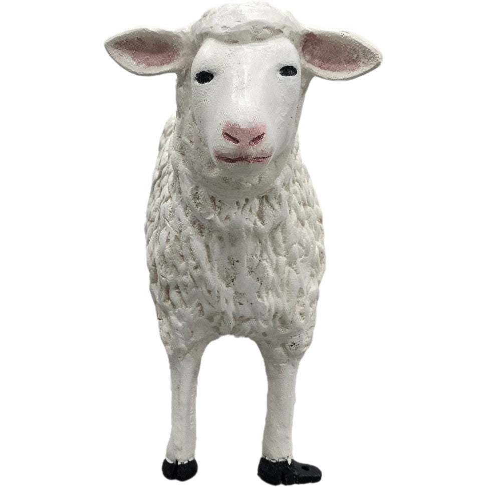 White cast aluminum sheep statue with textured wool, pink ears, and black hooves for garden or yard decor