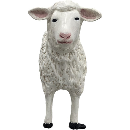 White cast aluminum sheep statue with textured wool, pink ears, and black hooves for garden or yard decor