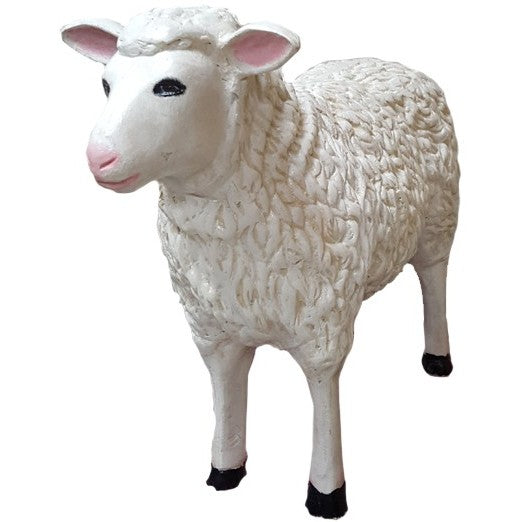 White cast aluminum sheep statue for garden or yard decor, detailed wool texture and pink ears