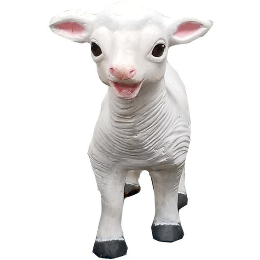 Adorable white cast aluminum lamb statue for garden or yard decor, featuring pink ears and expressive eyes.